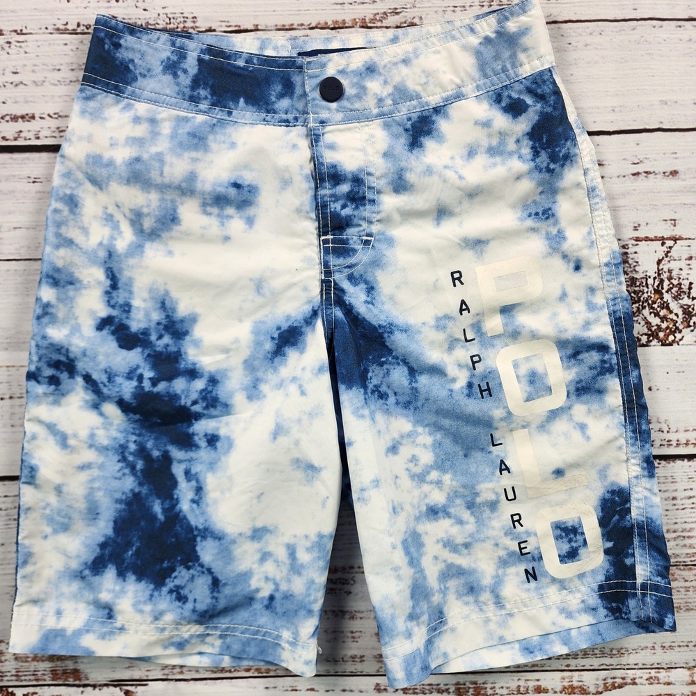 Polo Ralph Lauren Boys Blue Tie Dye Board Shorts Big Spellout Logo Size S 8‎